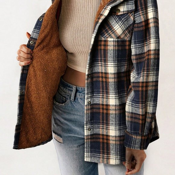 Blue Casual Womens Plaid Print Teddy Lined Hooded Coat - Picture 3 of 4